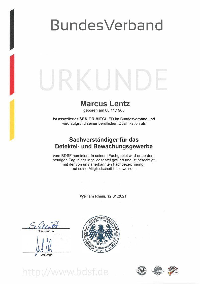 BDFS Urkunde Marcus Lentz